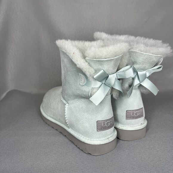 Womens Ugg Boots Sz 8 Ice Blue Bailey Bow Mini Suede Sherpa Coquette Festival - Picture 8 of 13